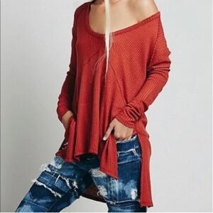 Free People Sunset Park Red Waffle Knit Thermal Top